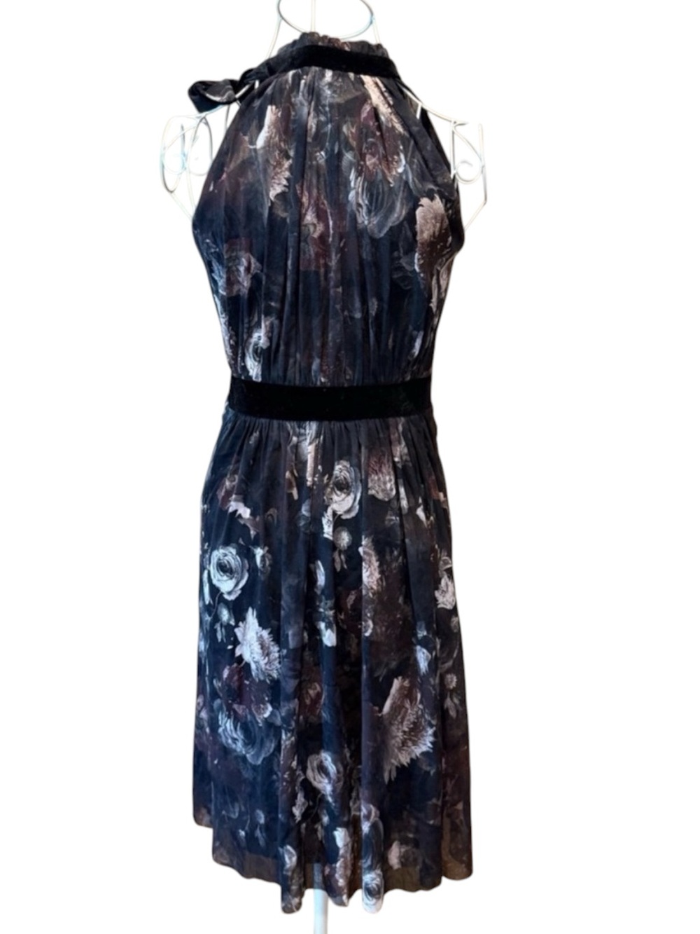 Fuzzi Dark Floral Mesh Halter Dress Black Velvet Waist Trim Size S - Picture 7 of 8